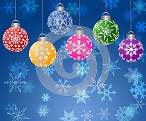 Hanging Ornaments on Blurred Snowflakes Background