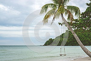 Hanging on a Palm Tree reaching out to the Sea at Sao Beac