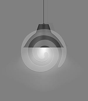 Hanging pendant lamp. Modern interior light. Chandelier with gray metal lampshade. Realistic vector illustration