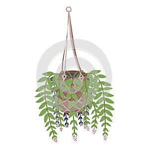 Hanging potted plant with green leaves and trailing vines. Indoor gardening and home decor concept vector illustration