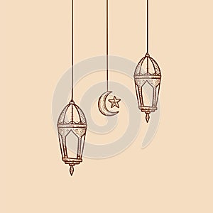 Hanging ramadhan lantern lights with crescent sketch style hand drawing element vector illustration