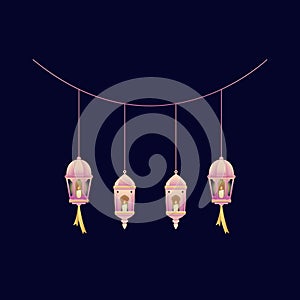 hanging ramadhan lantern lights in pink gradient graphic element for ramadan decoration design