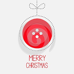 Hanging red button ball with bow dash line thred applique Merry Christmas card Flat design