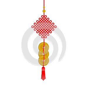 Hanging red Chinese knots amulet. Happy Chinese New Year. Year of the rabbit. 2023. Vector illustration, flat design