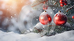 Hanging red Christmas balls on spruce and fir branches with snow covered surface.