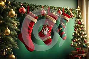 hanging red christmas stockings filled with gifts. ai generative