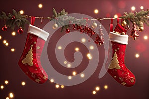 hanging red christmas stockings filled with gifts. ai generative