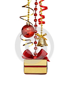 Hanging red and golden decorations with present gift for Christmas isolated on white