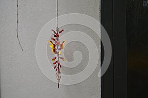 Hanging red an yellow flower in the hortus botanicus of Leiden The Netherlands