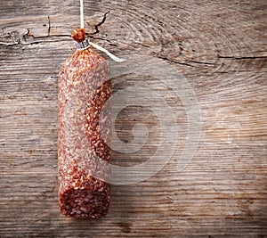 Hanging salami sausage