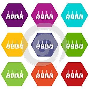 Hanging sales tags icon set color hexahedron