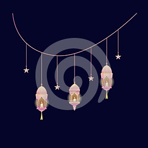 hanging set lantern lamp with candle light and hanging stars in pink gradient graphic element for ramadan festival decoration