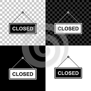 Hanging sign with text Closed door icon isolated on black, white and transparent background. Vector