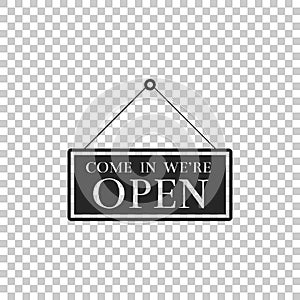 Hanging sign with text Come in we`re open icon isolated on transparent background. Business theme for cafe or restaurant