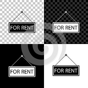 Hanging sign with text For rent icon isolated on black, white and transparent background. Vector