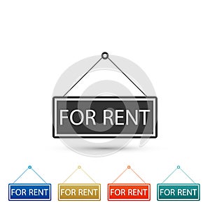 Hanging sign with text For rent icon isolated on white background. Set elements in colored icons. Flat design. Vector