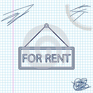 Hanging sign with text For rent line sketch icon isolated on white background. Vector Illustration.