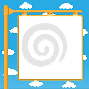 Hanging Signboard on blue cloudy sky background design template.