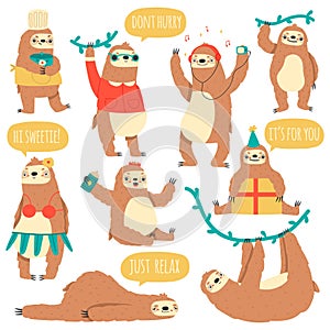 Hanging sloths. Wild tropical animal characters, funny lazy rainforest sloths vector illustration set. Cute hand drawn