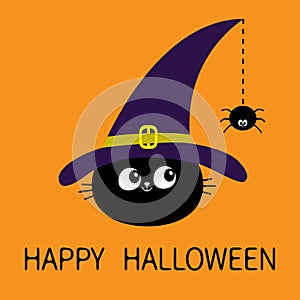 Hanging smiling sad black pumpkin, spider, white ghost spirit insect silhouette. Happy Halloween greeting card. Dash line thread.