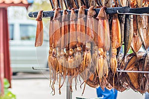 Hanging smoke-dried calamari or cuttlefish in a fish market