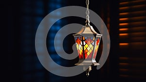 hanging stained glass lantern in vibrant colors against dark background. concepts: day of light, lamp day, home decor
