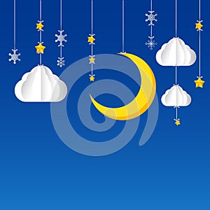 Hanging star moon cloud snow on night sky background 002