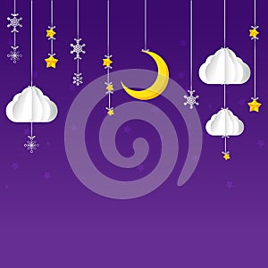 Hanging star moon cloud snow on night sky background