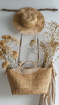 Hanging Straw Bag and Hat photo