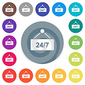 Hanging table with 24h seven days a week flat white icons on round color backgrounds