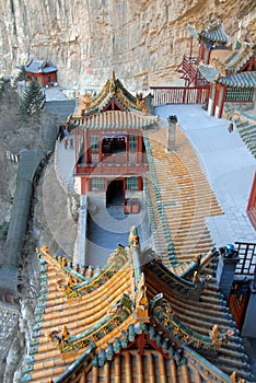 The Hanging Temple or Hanging Monastery with detail of roofs and courtyard near Datong in Shanxi Province, China
