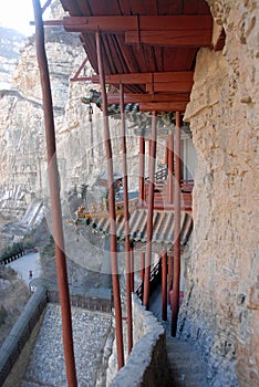 The Hanging Temple or Hanging Monastery with detail of support struts near Datong in Shanxi Province, China