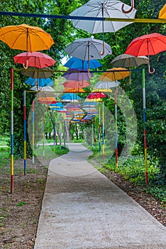 Hanging umbrellas in Danube garden in Bulgarian town Silistra.