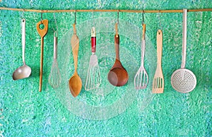 Hanging vintage kitchen utensils