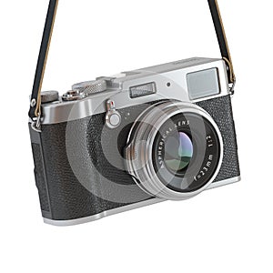 Hanging vintage retro photo camera isolated on the white backgroundl.