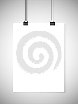 Hanging white paper against gray background. Vector template