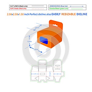Hanging window box, snap bottom lock mobile charger box, 2.50x2.50x1.50 box dieline Template