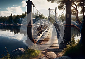 hanging wooden bridge across the river.