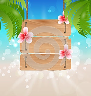 Hanging wooden guidepost with exotic flowers frangipani and palm