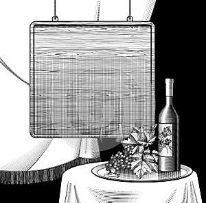 Hanging wooden signboard and grapes, bottle, wineglass on a round tray against the backdrop of a theater curtain
