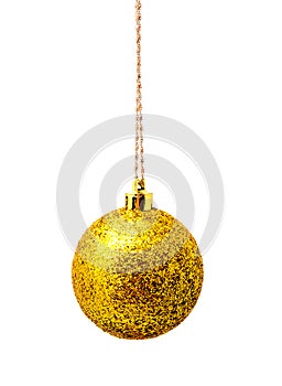 Hanging yellow christmas ball isolated on a white