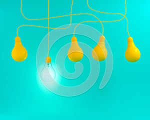 Hanging yellow light bulbs with glowing one different idea on green pastel background , flat lay , Minimal concept idea