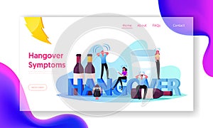 Hangover, Alcohol Addiction Landing Page Template. Characters Having Pernicious Habits Addiction and Substance Abuse