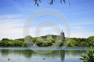 Hangzhou West Lake With Reflection of Leifeng Pagoda in a Sunny Day