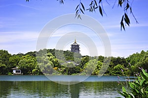 Hangzhou West Lake With Reflection of Leifeng Pagoda in a Sunny Day