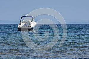 Hanioti, Greece - 09/01/2018 - Motor boat and blue water Mediterranean sea. Fun, sport,  lifestile