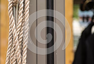 Hank of natural beige braided rope fastener texture