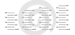 Scales 450, 500, 550, 600 ml liquid volume set. Measuring milliliters cup, jug to preparing cooking.