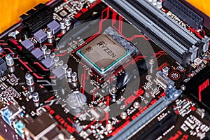 AMD Ryzen processor chip on an Asus prime 350 plus mainboard.