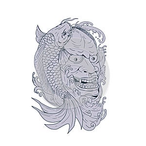 Hannya Mask and Koi Fish Drawing